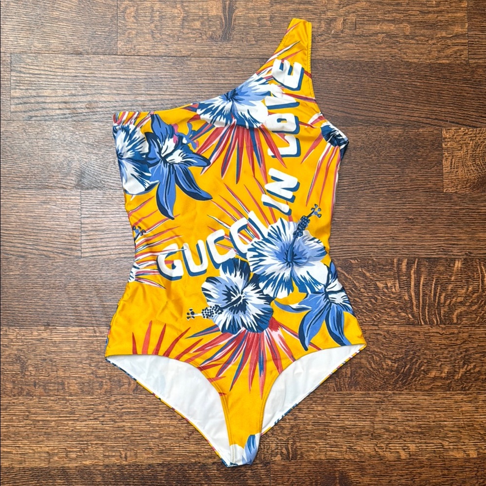 Gucci Yellow Floral One-Shoulder Swimsuit or bodysuit